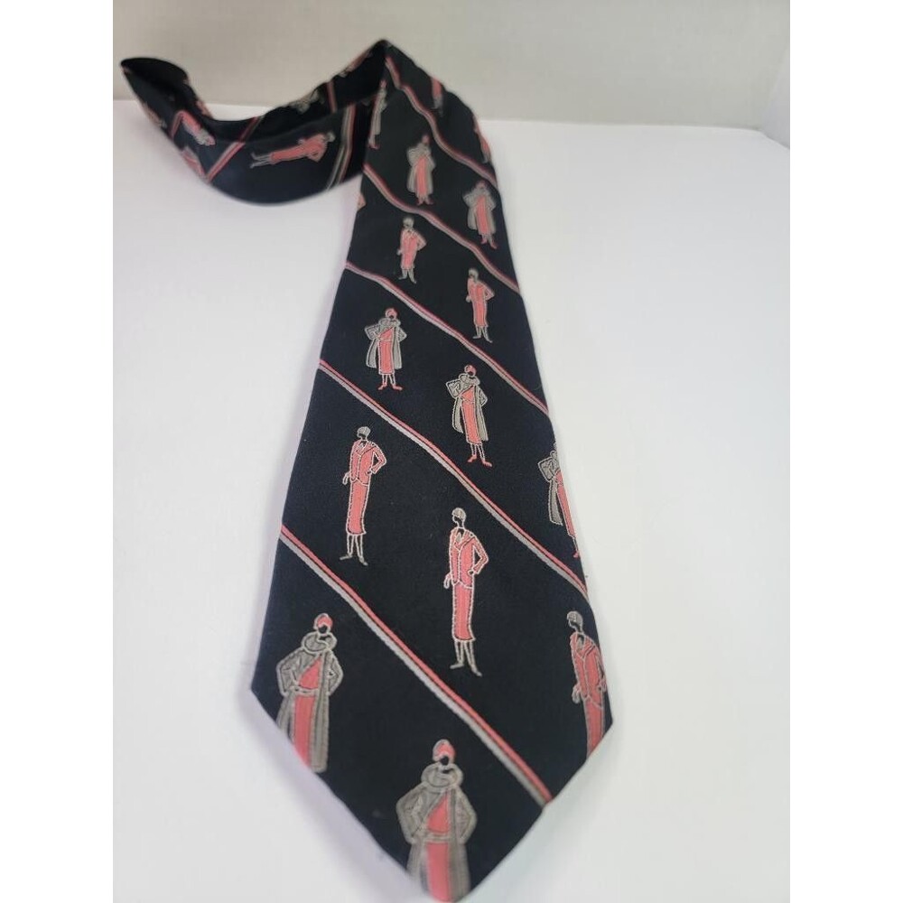 Vintage Grodins California Damon Mens Tie Black Art Deco Flapper Girls Polyester - Picture 5 of 10